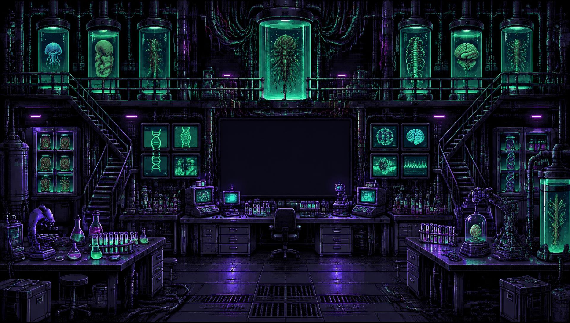 Original pixel-art underground BnbScience research laboratory